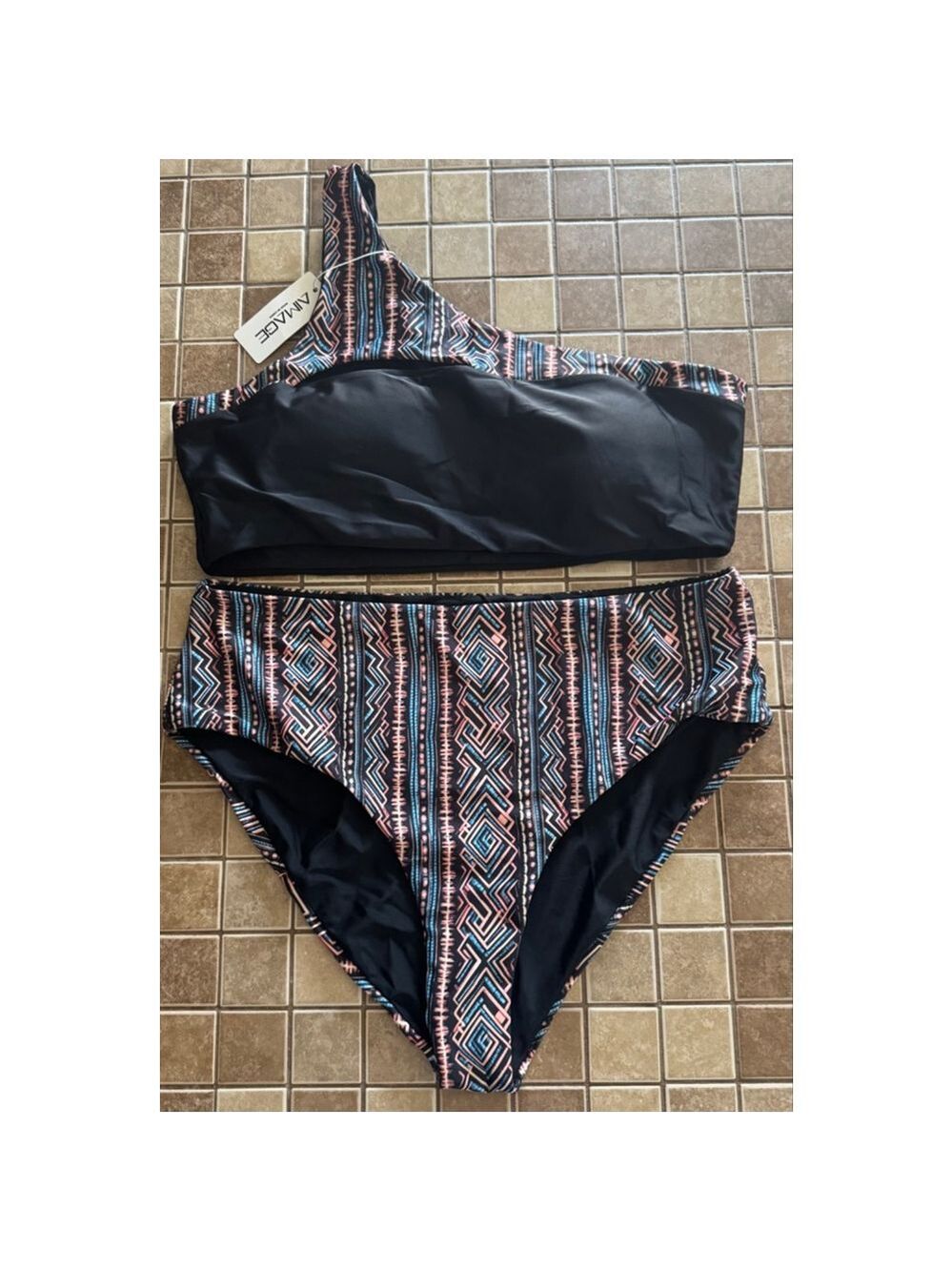 Women's Aimage Bikini Set 2XL Black Multi-color One Shoulder
